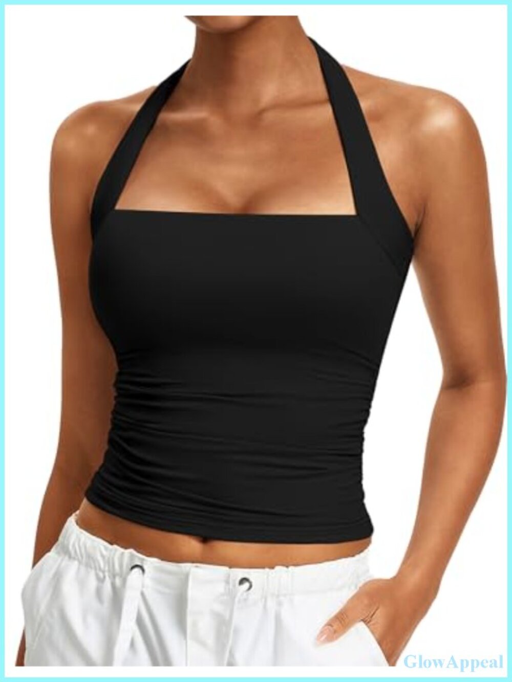 Halter Tank Top Women Double Layer Square Neck Ruch